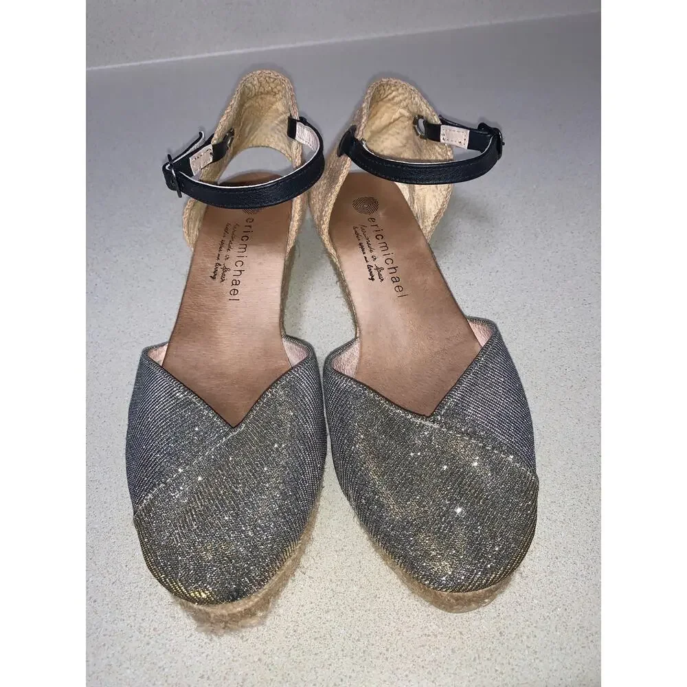 Anthropologie Eric Michael Copa Platform Leather Shimmer Espadrilles Size 8